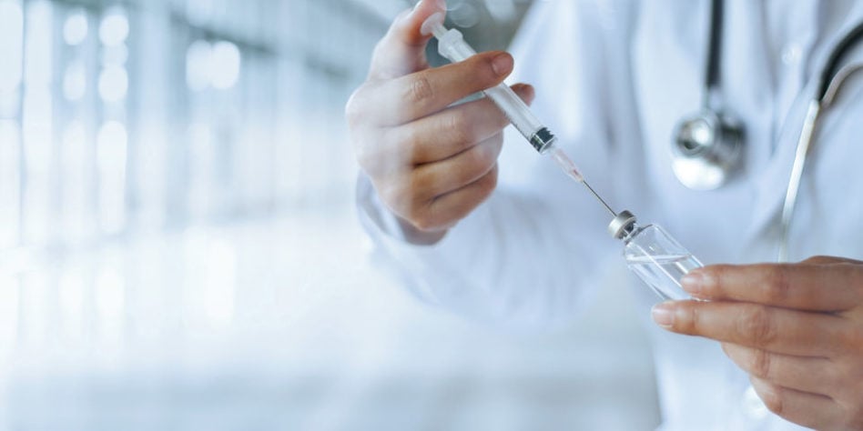 Medicine doctor and vaccine dose flu shot drug syringe in labora covid vaccine